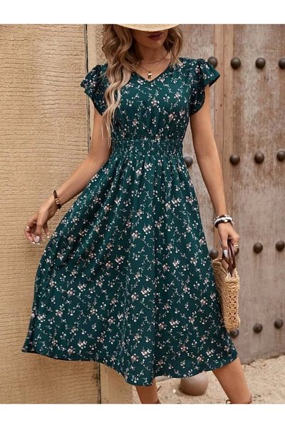 Silerra Women's Short Sleeve V Neck Elastic Waist Floral Print Single Jersey Dress