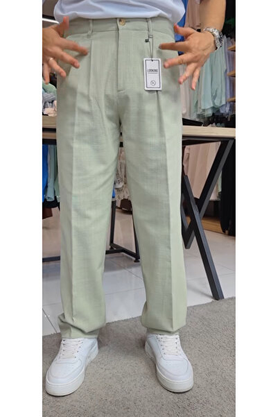 ATK بنطلون كتان فضفاض بيج مع أزرار إغلاق الخصر وحزام مطاطي مضاد للشفط