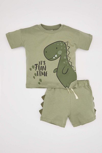 DeFacto Baby Boy 2 Piece Set Crew Neck Dinosaur Printed Combed Cotton Short Sleeve T-Shirt Shorts C2254A524Sm