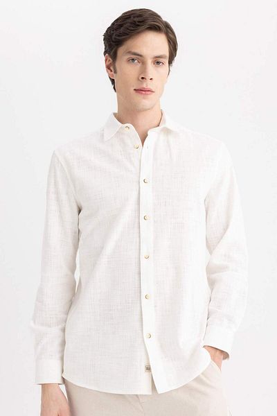 DeFacto 100 % bavlna Regular Fit Polo golier s dlhým rukávom Bavlnená biela košeľa B4129AX24SP