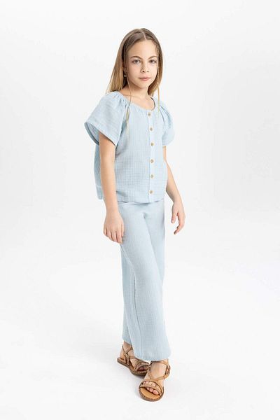DeFacto Girls 2-Piece Set Short Sleeve Button Blouse Wide Loose Leg Pants C3811A824Sp
