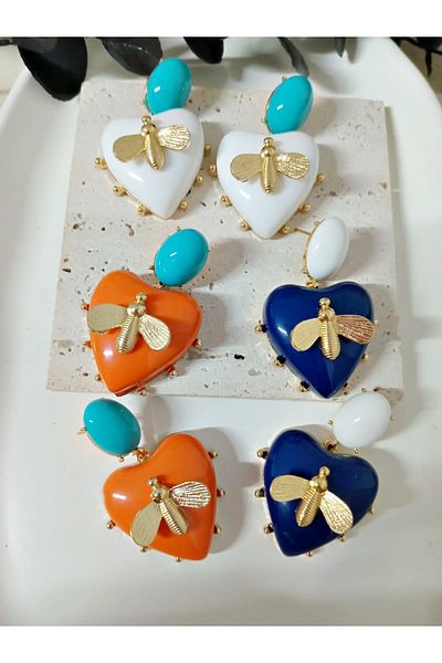 mos&more 3 Pairs White Orange Navy Blue Earrings Set