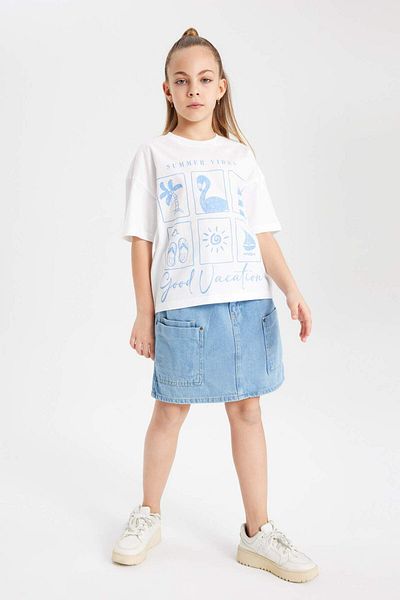 DeFacto Girls Oversize Wide Fit Crew Neck Printed Short Sleeve T-Shirt B5128A824Sm