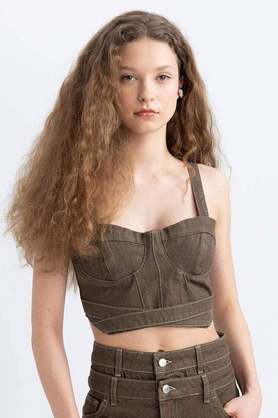 DeFacto Thick Strap Crop Corset Jean Blouse C5695Ax24Sp