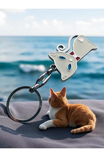 GALATA GIFT سلسلة مفاتيح على شكل قطة بيضاء مقاس 11 سم - تصميم قلب وذيل وعين ز...