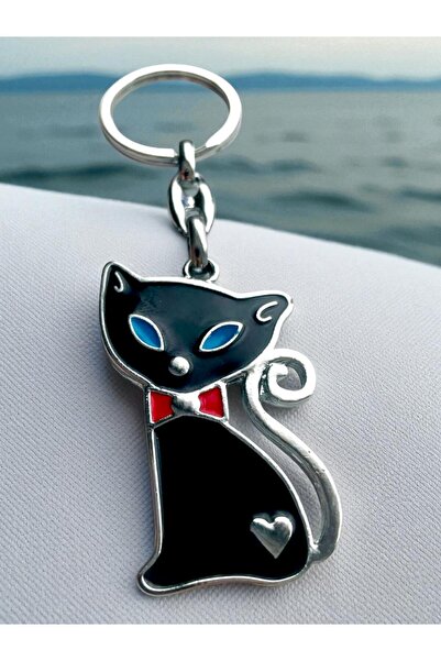 GALATA GIFT قطة سوداء ذات عيون زرقاء - سلسلة مفاتيح منقوشة على شكل ذيل وقلب، ...