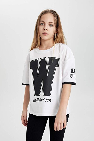 DeFacto Κοριτσίστικο μπλουζάκι με κοντό μανίκι με στάμπα με φαρδύ λαιμόκοψη C2215A824SM