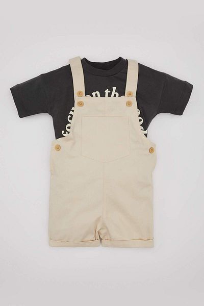 DeFacto Baby Boy 2 Piece Set Crew Neck Printed Short Sleeve T-Shirt Salopet B8079A524Sm