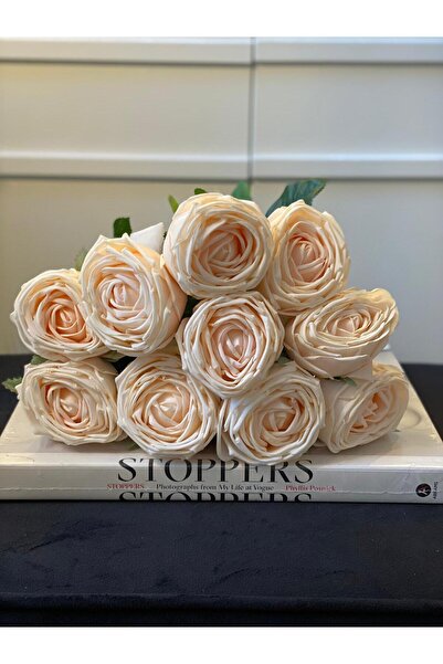 Dekordan House Yapay 1. Kalite 10 Dal Krem Islak Gül (45cm)