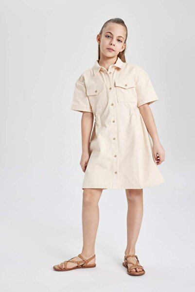 DeFacto Dziewczęca sukienka z krótkim rękawem z gabardynu C1514A824SM