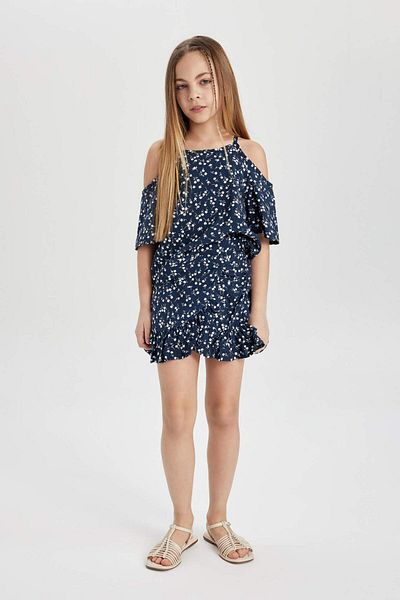 DeFacto 2-Piece Set for Girls - Floral Print Short Sleeve Blouse and Elastic Skirt C3812A824Sp