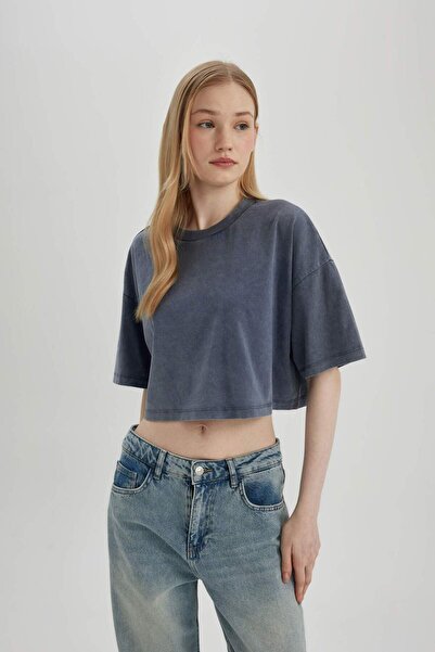 DeFacto Coool Crop mosott halvány hatású Basic rövid ujjú póló B9293ax24sm