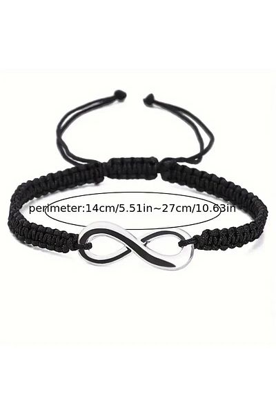 OEM Couple-friendship bracelet set, "INFINITY" pendant, black and white braided, stainless steel alloy, adjustable