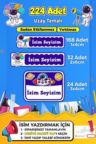 SB store Uzay Temalı Okul Kreş Kişiye Özel isim Etiket Seti - Model 533