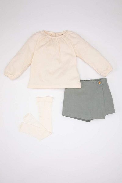 DeFacto Baby Girl 3 Piece Set Gabardine Blouse Shorts Skirt Socks B9621A524Sp