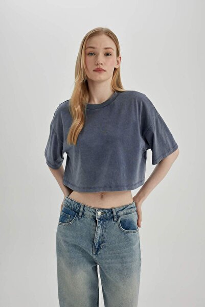 DeFacto Coool Crop mosott halvány hatású Basic rövid ujjú póló B9293ax24sm