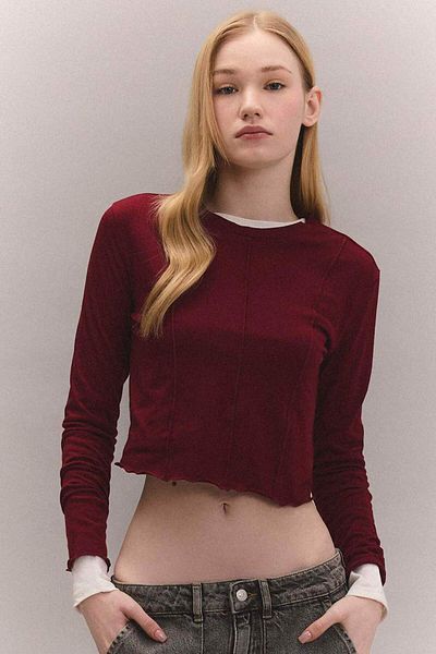 DeFacto Coool Fitted Crew Neck Basic Plain Crop Long Sleeve T-Shirt C4469Ax24Sp