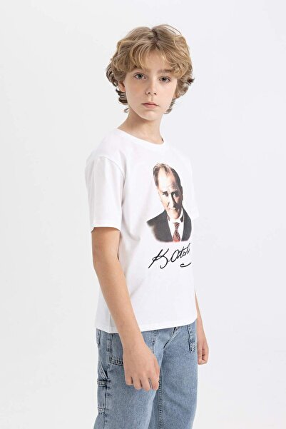 DeFacto Chlapecké tričko Crew Neck Barva Měnící postavu Ataturk Potištěné Krátký rukáv Bílé tričko B6937A824SM