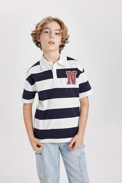 DeFacto Boy's Oversize Wide Fit Striped Printed Short Sleeve Polo T-Shirt B9514A824Sm