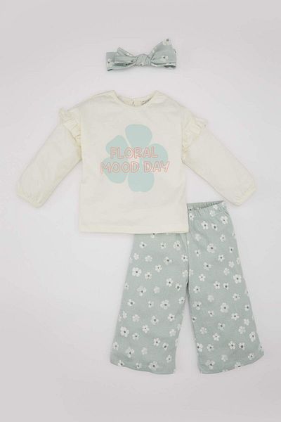 DeFacto Baby Girl Floral Long Sleeve T-shirt Pants Headband 3 Pieces Set C2154A524SP