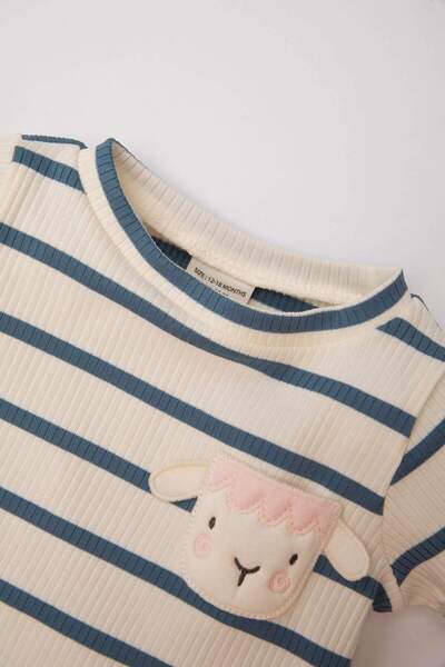 DeFacto Kız Bebek Pijama Takımı Fitilli Kaşkorse Bisiklet Yaka Çizgili Kısa Kollu Üst Beli Lastikli Uzun Alt