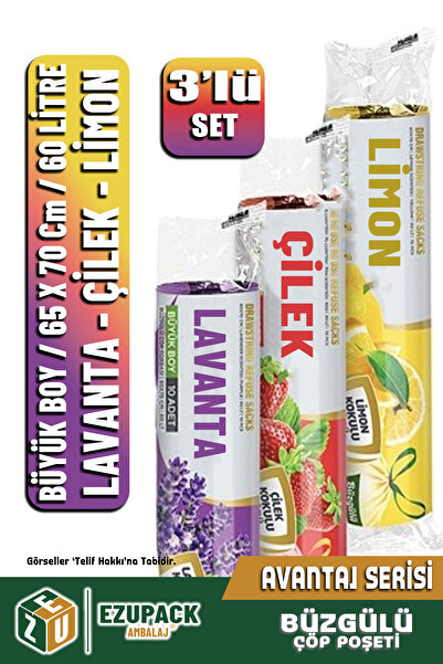 Ezupack 60 Lt 3lü Set Avantaj Büyük Boy Lavanta Çilek Limon Kokulu Büzgülü Çöp Poşeti Çöp Torbası 30 Adet