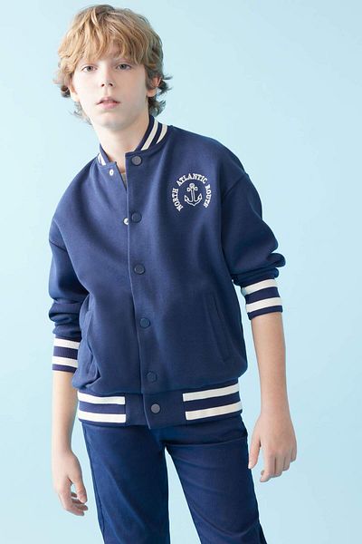 DeFacto Boys' College Collar Printed Snap Closure Double Pocket Seasonal Bomber Cardigan B6538A824Sp