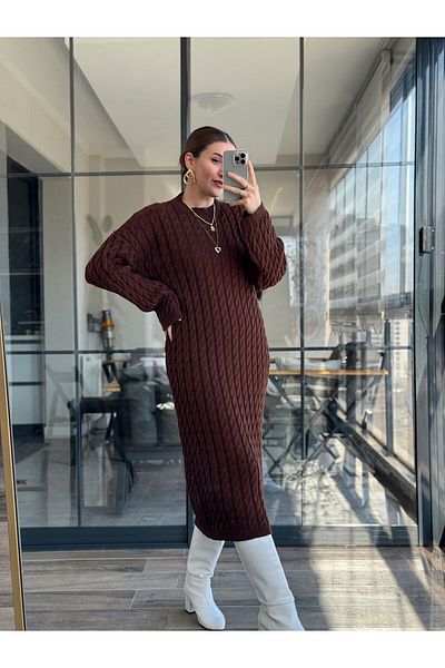 POİNE Women's Crew Neck Hair Braided Knitwear Long Dress