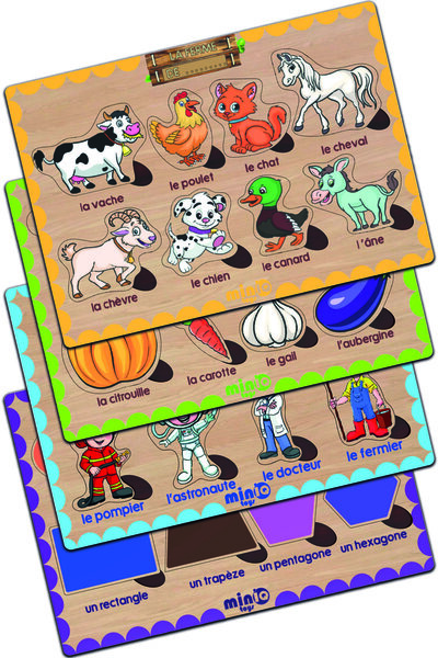 Wooden French Farm Animals-vegetables-professions-shapes Set of 4 Educational-tutorial Puzzle