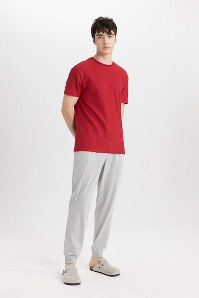 DeFacto Regular Fit Pajama Set Basic Plain Short Sleeve Top Elastic Waist Long Bottom B7277Ax24Sp