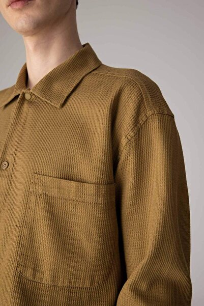 DeFacto Oversize Geniş Kalıp Polo Yaka Waffle Uzun Kollu Gömlek C2841AX24SP