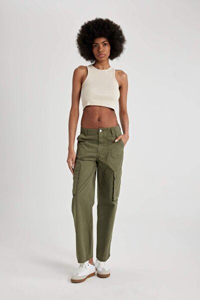 DeFacto Gabardine Pants Straight Fit Standard Size High Waist Cargo Pocket B0625Ax24Sp
