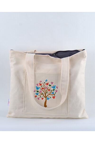 Wings Of Simurg Butterfly Tree Embroidered - Zippered Cream Canvas Cloth Bag and Wallet