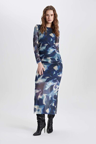 DeFacto Bodycon Yuvarlak Yaka Batik Tül Midi Uzun Kollu Abiye Elbise C5082AX24SP