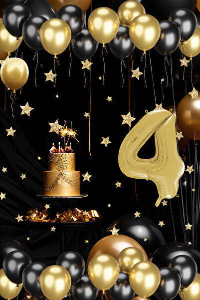 tedaks 4 Year Old Gold Black Balloon Set Birthday Balloon with Gold Numbers S...
