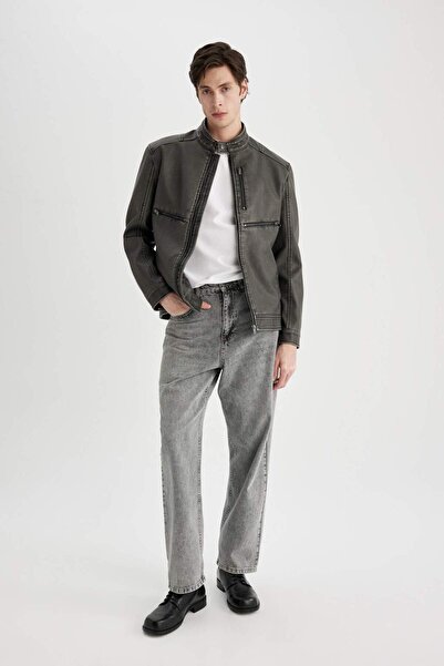 DeFacto Slim Fit Slim Fit Faux Leather Coat Jacket Slim Fit Stand Collar Zipper Pocket Seasonal C1758Ax24Sp
