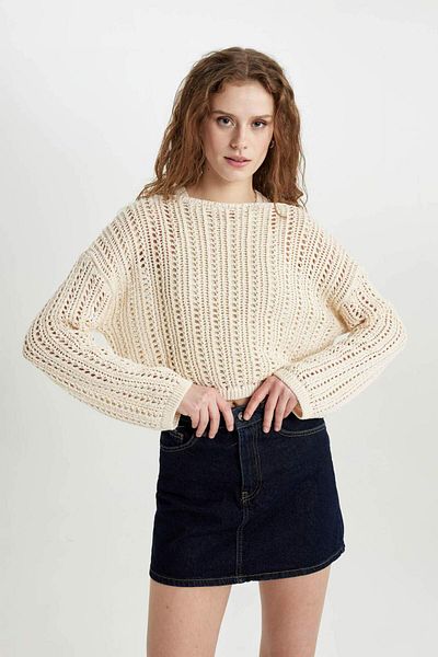 DeFacto Pulover Cropped cu Guler Rotund Croșetat C2177AX24SP