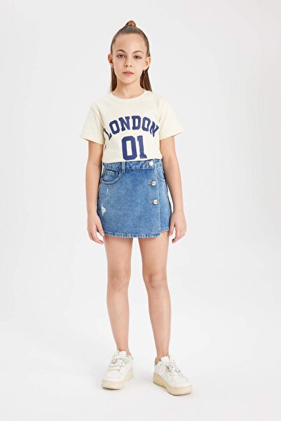 DeFacto Girls Slim Fit Slim Fit Crew Neck Ribbed Camisole Printed Short Sleeve T-Shirt B5101A824Sm