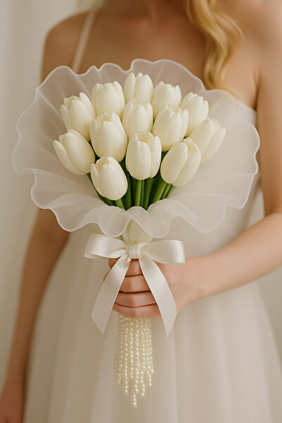 QR LUCKY Islak Lale Buket’i , incili Gelin Çiçeği , Nikah Çiçeği