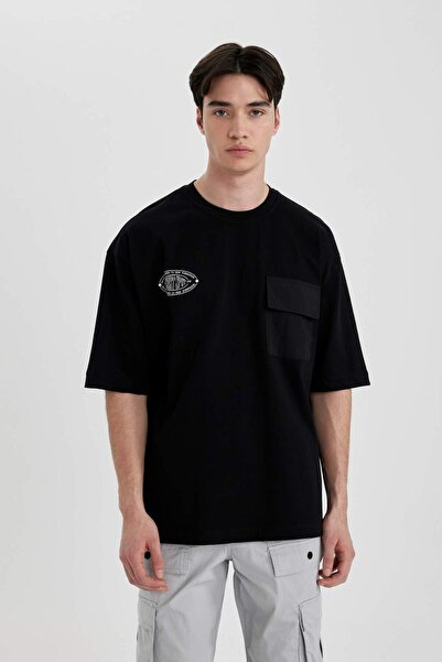 DeFacto Loose Fit Crew Neck με στάμπα στην πλάτη και τσέπες κοντομάνικο μπλου...