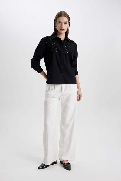 DeFacto Oversize Wide Fit perforovaná popelínová černá košile s dlouhým rukávem C0061AX24SP
