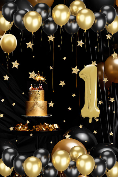 tedaks 1 Yaş Gold Siyah Balon Seti Gold Rakamlı Doğum Günü Balonu Şık Parti S...