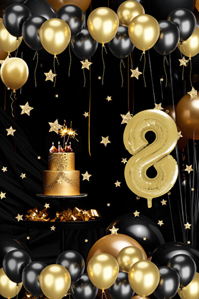 tedaks مجموعة بالونات ذهبية سوداء لعمر 8 سنوات مع بالون عيد ميلاد ذهبي أنيق ل...