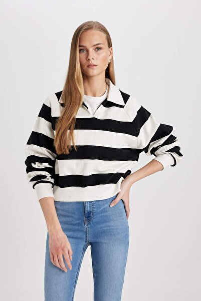 DeFacto Crop Polo Yaka Çizgili Kalın Sweatshirt C4584AX24SM