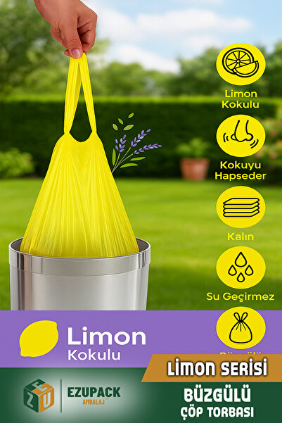 Ezupack 60 Lt 3lü Set Avantaj Büyük Boy Lavanta Çilek Limon Kokulu Büzgülü Çöp Poşeti Çöp Torbası 30 Adet