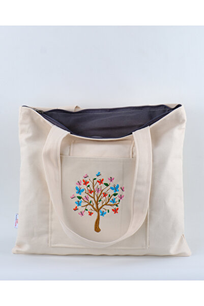 Wings Of Simurg Butterfly Tree Embroidered - Zippered Cream Canvas Cloth Bag and Wallet