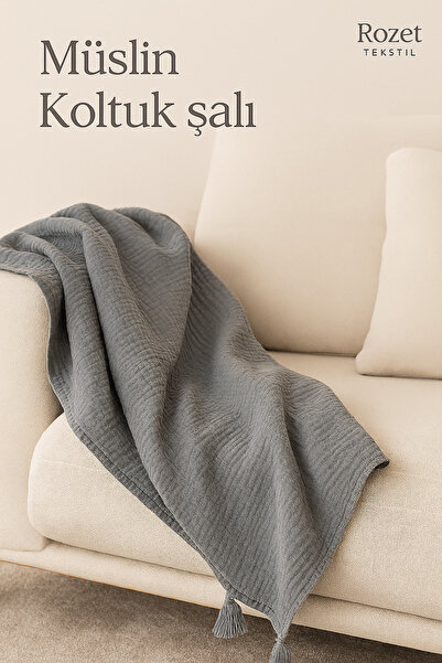 YASEMİNİNEVİ Antrasit Müslin Koltuk Şalı / TV Battaniyesi