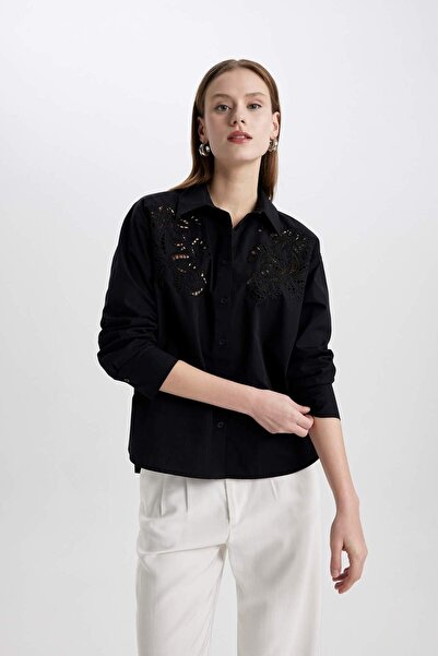 DeFacto Oversize széles szabású lyukas poplin hosszú ujjú fekete ing C0061AX24SP