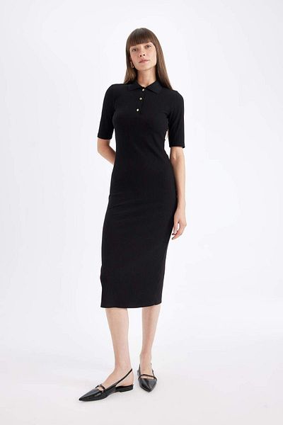 DeFacto Bodycon-Fit Midi Black Dress - Basic Buttoned Polo Neck Plain Buttoned Salt Twill Camisole
