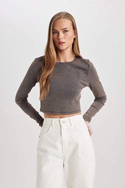 DeFacto Přiléhavé tričko Crew s dlouhým rukávem, pratelné tričko s vybledlým efektem C4579AX24SM